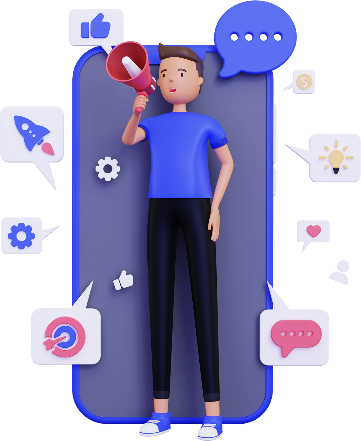 3d Man doing on Mobile marketing with holding megaphone